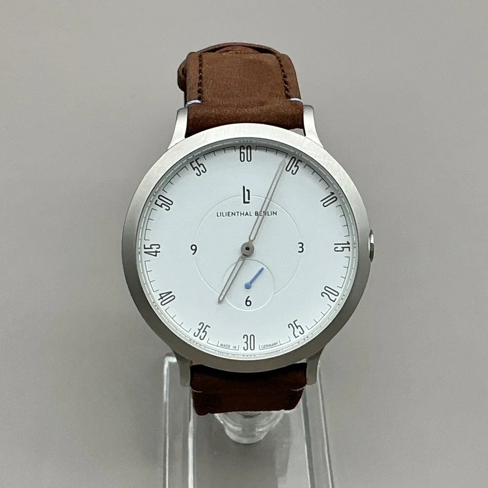 Lilienthal Berlin Watch Mens Silver Tone Brown Leather Quartz L1 NEW BATTERY